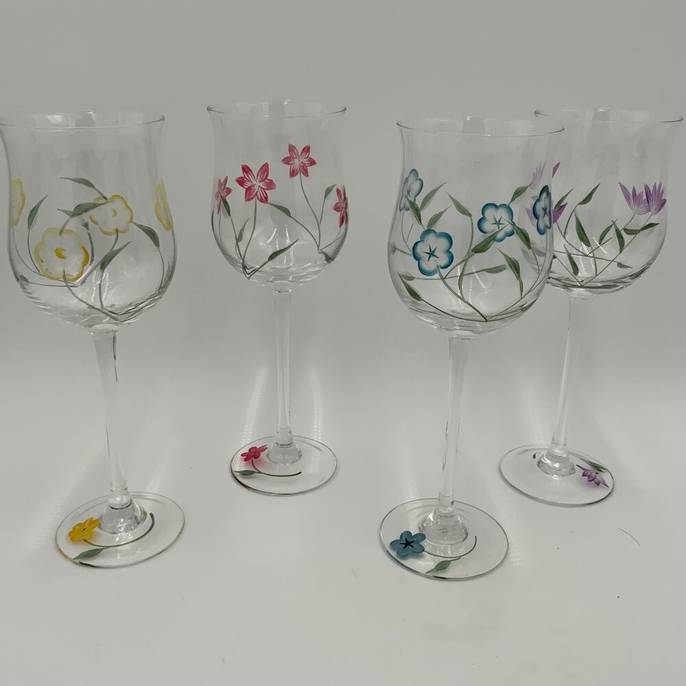 Set of 4 Lenox Hand Painted Floral Long Stem Wine Glasses